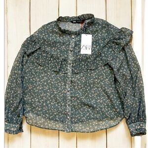 Zara Floral‎ Ruffle Button Front Blouse Sheer Long Sleeve Top NWT Women M